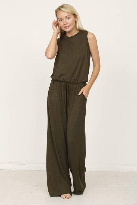 plus solid draw string pocket jumpsuit