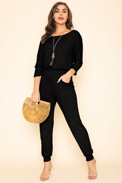 Plus Quarter Sleeve Boat Neck Blouson Jumpsuit