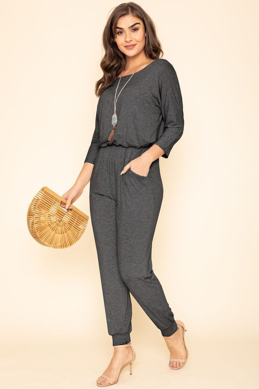 Plus Quarter Sleeve Boat Neck Blouson Jumpsuit