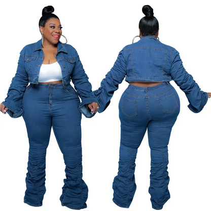 Plus Size Denim Jacket Creased Pants Two-Piece Set