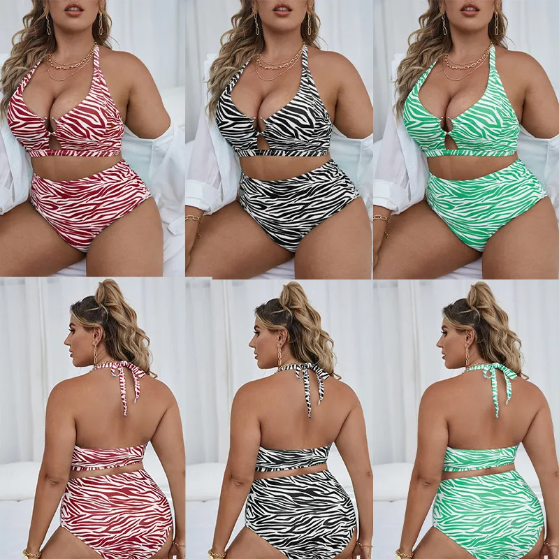 Zebra Print Plus Size Halter Neck High Waist Swimwear Set