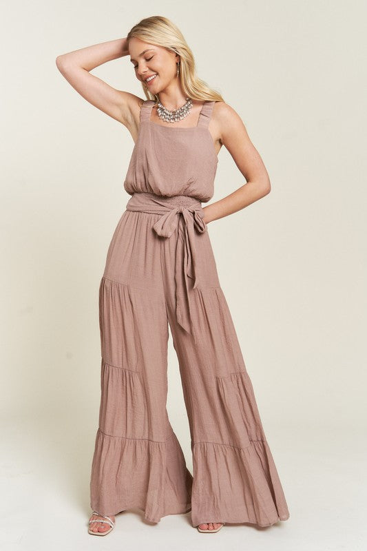 ELASTIC STRAP TIERED JUMPSUIT