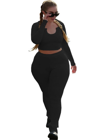 Plus Size Long Sleeve Top Tight Pants Two-Piece Set