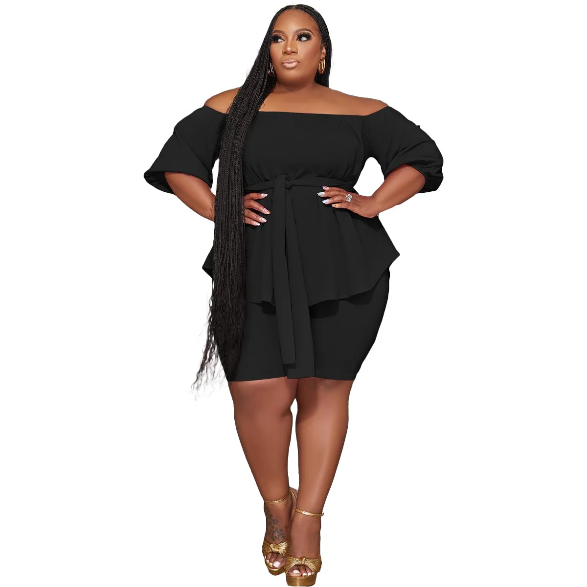 Casual Plus Size Off Shoulder Strap Top Shorts Two-Piece Set