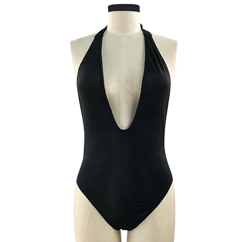 Black Sexy Deep V-Neck Women Plus Size One-Piece Backless Swimwear Sets (XXL-5XL)