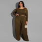 Solid Color Plus Size Long Sleeve Strap Top Wide Leg Pants Two-Piece Set