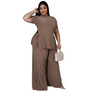 Plus Size Solid Color Half-High Collar Short Sleeve Strap Top Wide Leg Pants Two-Piece Set