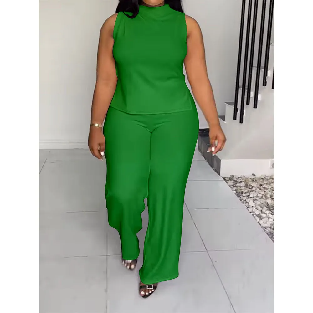 Plus Size Solid Color Sleeveless Top Wide Leg Pants Two-Piece Set