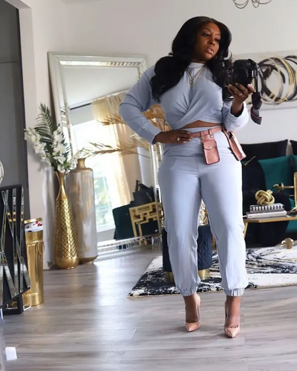 Casual Plus Size Cross Long Sleeve Top Pants Two-Piece Set