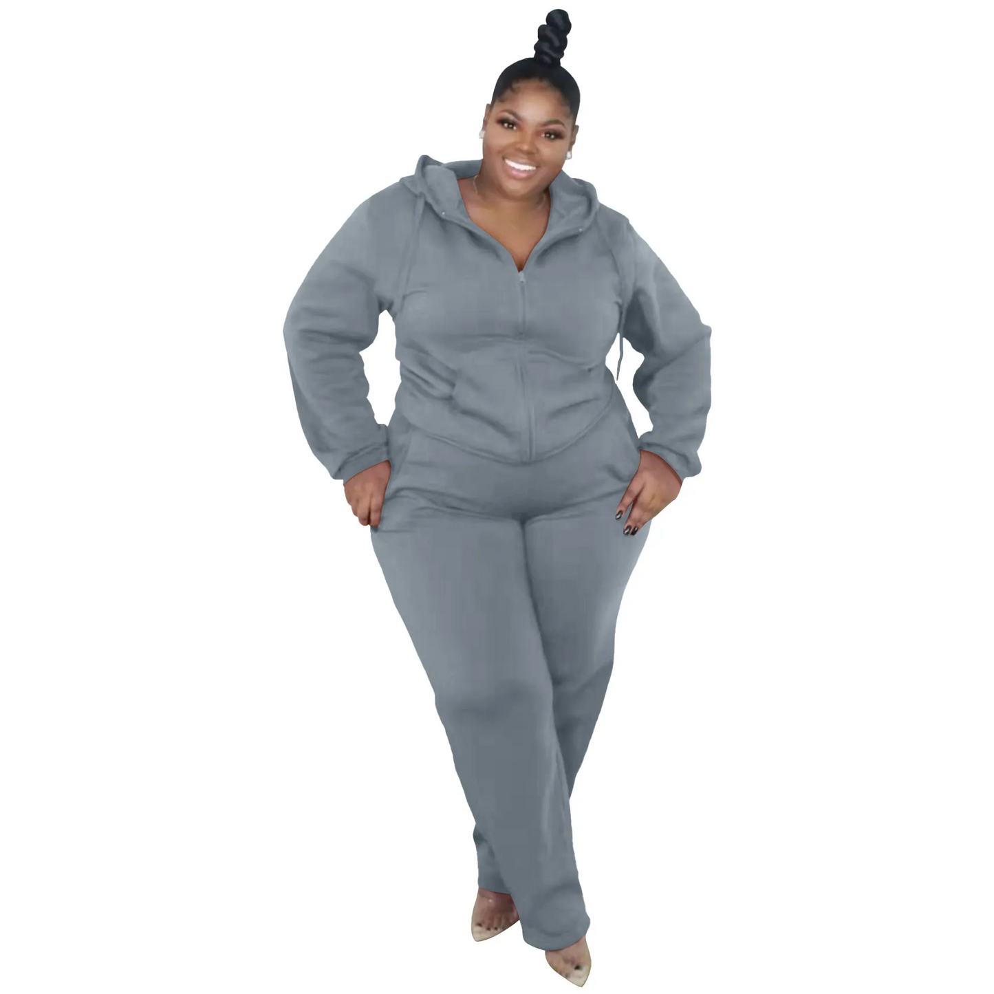 Solid Color Plus Size Zipper Long Sleeve Hooded Sweatshirt Pants Two-Piece Set