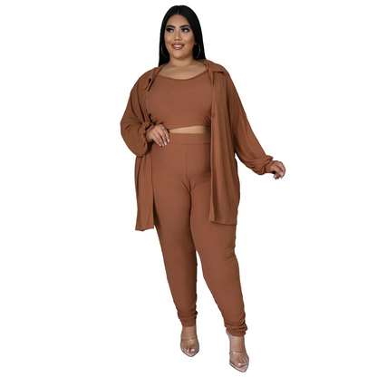 Plus Size Solid Color Sling Top Long Sleeve Jacket Tight Pants Three-Piece Set