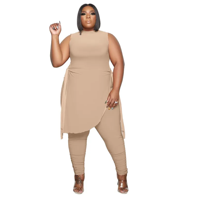 Plus Size Women Sleeveless Tie Irregular Top And Wrinkled Pants Two Piece Set