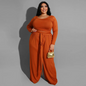 Solid Color Plus Size Long Sleeve Strap Top Wide Leg Pants Two-Piece Set