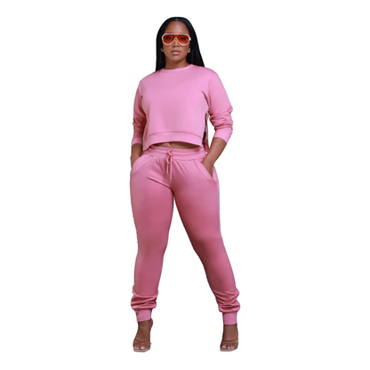 Solid Color Plus Size Split Zip Long Sleeve Top Tight Pants Two-Piece Set