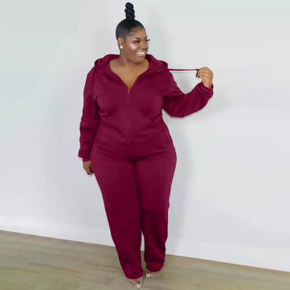 Solid Color Plus Size Zipper Long Sleeve Hooded Sweatshirt Pants Two-Piece Set