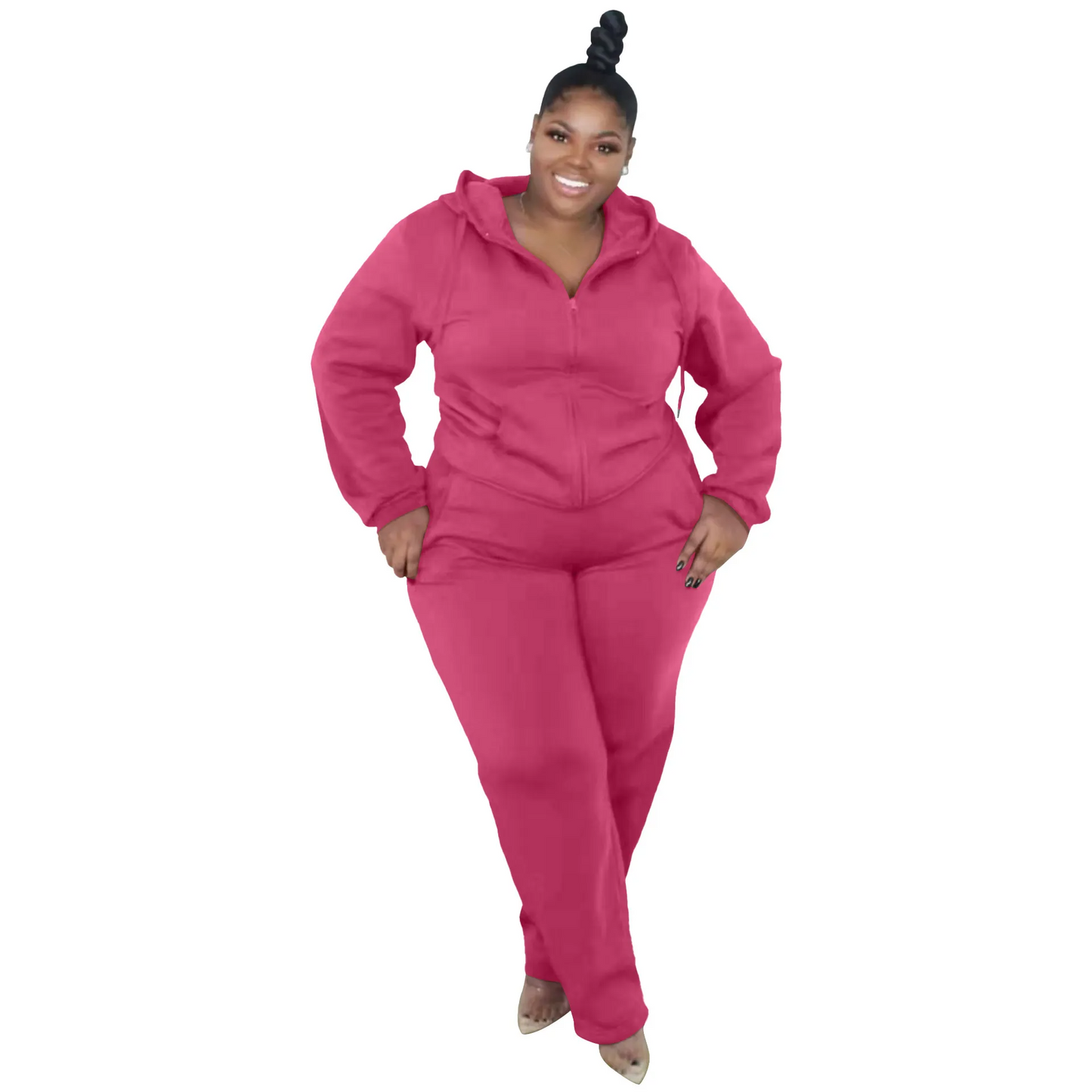 Solid Color Plus Size Zipper Long Sleeve Hooded Sweatshirt Pants Two-Piece Set