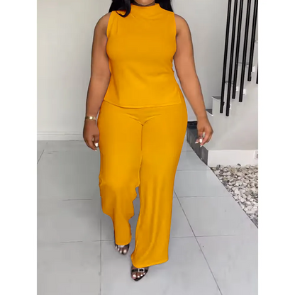 Plus Size Solid Color Sleeveless Top Wide Leg Pants Two-Piece Set