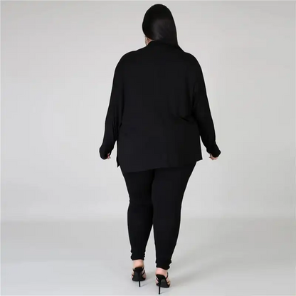 Women Fashion Plus Size Solid Color Loose Long Sleeve Top And Pants Two-Piece Set (L-5XL)