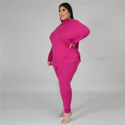 Women Fashion Plus Size Solid Color Loose Long Sleeve Top And Pants Two-Piece Set (L-5XL)