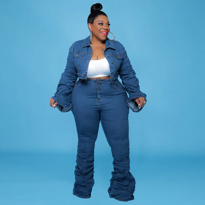 Plus Size Denim Jacket Creased Pants Two-Piece Set