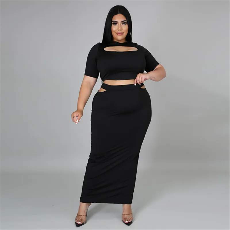 Round Neck Cut Out Short Sleeve Top Tight Long Skirts Back Split 2pcs Set