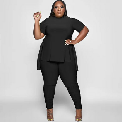 Plus Size Solid Color Round Neck Short-Sleeved Side Split Top Tight Pants Two-Piece Set