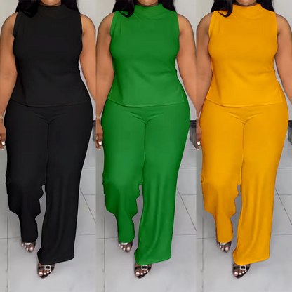 Plus Size Solid Color Sleeveless Top Wide Leg Pants Two-Piece Set