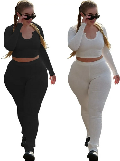 Plus Size Long Sleeve Top Tight Pants Two-Piece Set