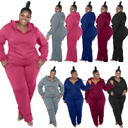 Solid Color Plus Size Zipper Long Sleeve Hooded Sweatshirt Pants Two-Piece Set