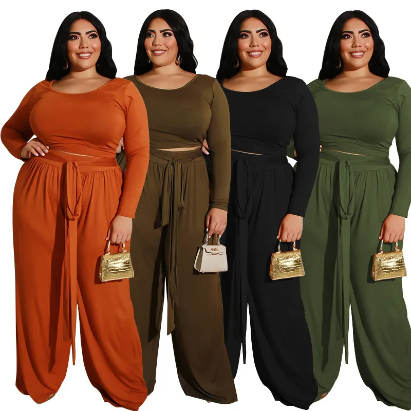 Solid Color Plus Size Long Sleeve Strap Top Wide Leg Pants Two-Piece Set