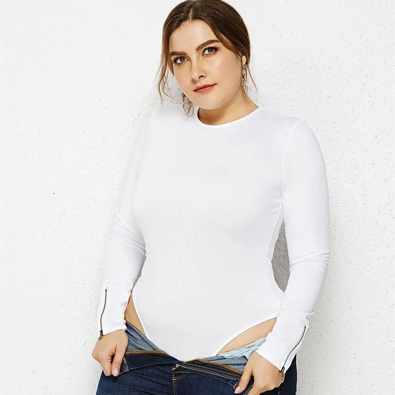 Plus-size Lady Solid Color Long-sleeve Stretchy Tight Bodysuits