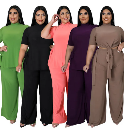 Plus Size Solid Color Half-High Collar Short Sleeve Strap Top Wide Leg Pants Two-Piece Set