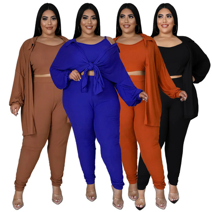 Plus Size Solid Color Sling Top Long Sleeve Jacket Tight Pants Three-Piece Set