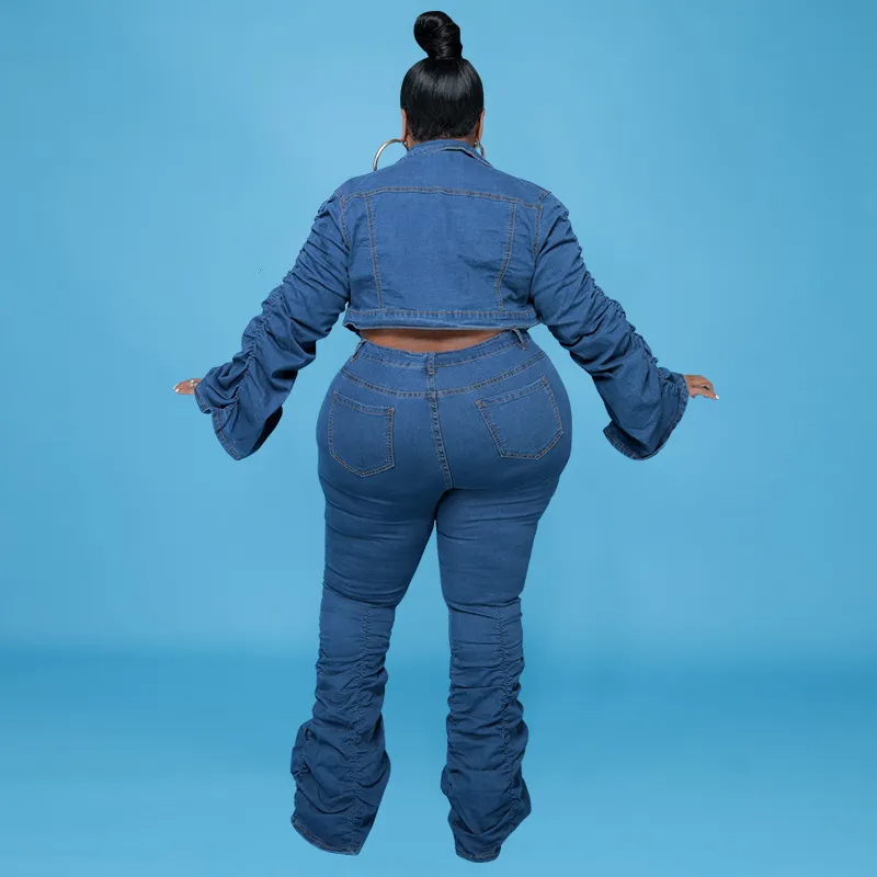 Plus Size Denim Jacket Creased Pants Two-Piece Set