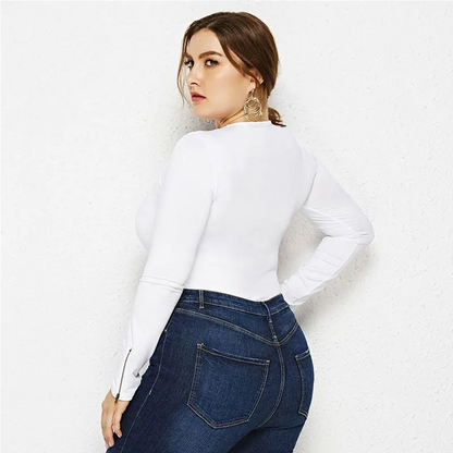 Plus-size Lady Solid Color Long-sleeve Stretchy Tight Bodysuits