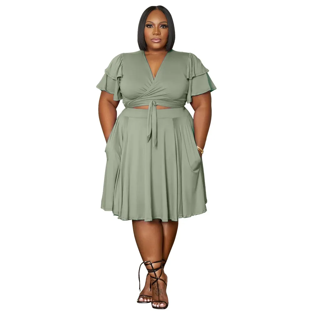 Plus Size V-Neck Lace-Up Short Sleeve Top Pocket Skirt Two-Piece Set