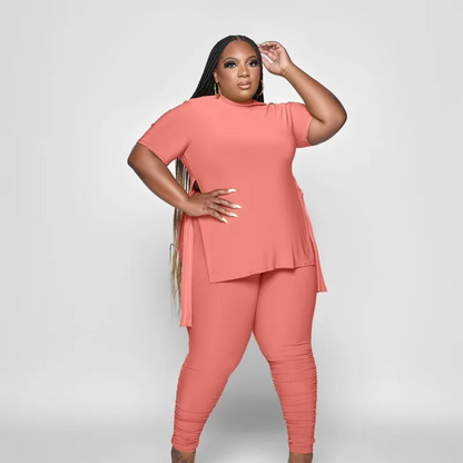 Plus Size Solid Color Round Neck Short-Sleeved Side Split Top Tight Pants Two-Piece Set