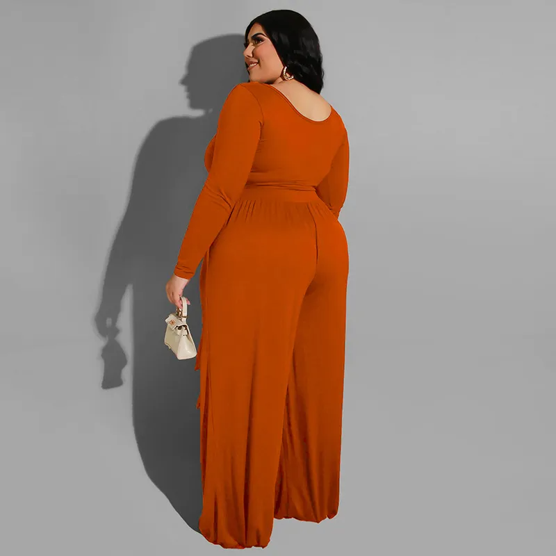 Solid Color Plus Size Long Sleeve Strap Top Wide Leg Pants Two-Piece Set