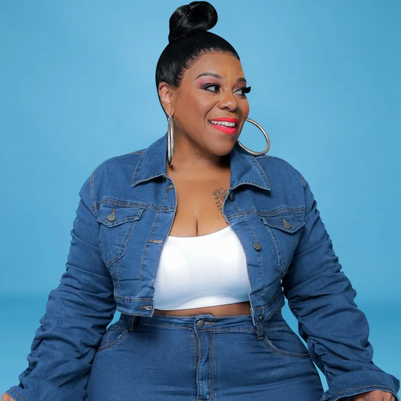 Plus Size Denim Jacket Creased Pants Two-Piece Set