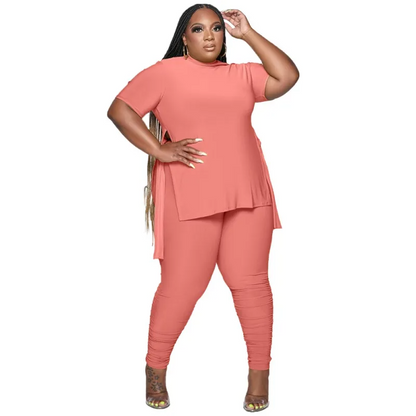 Plus Size Solid Color Round Neck Short-Sleeved Side Split Top Tight Pants Two-Piece Set