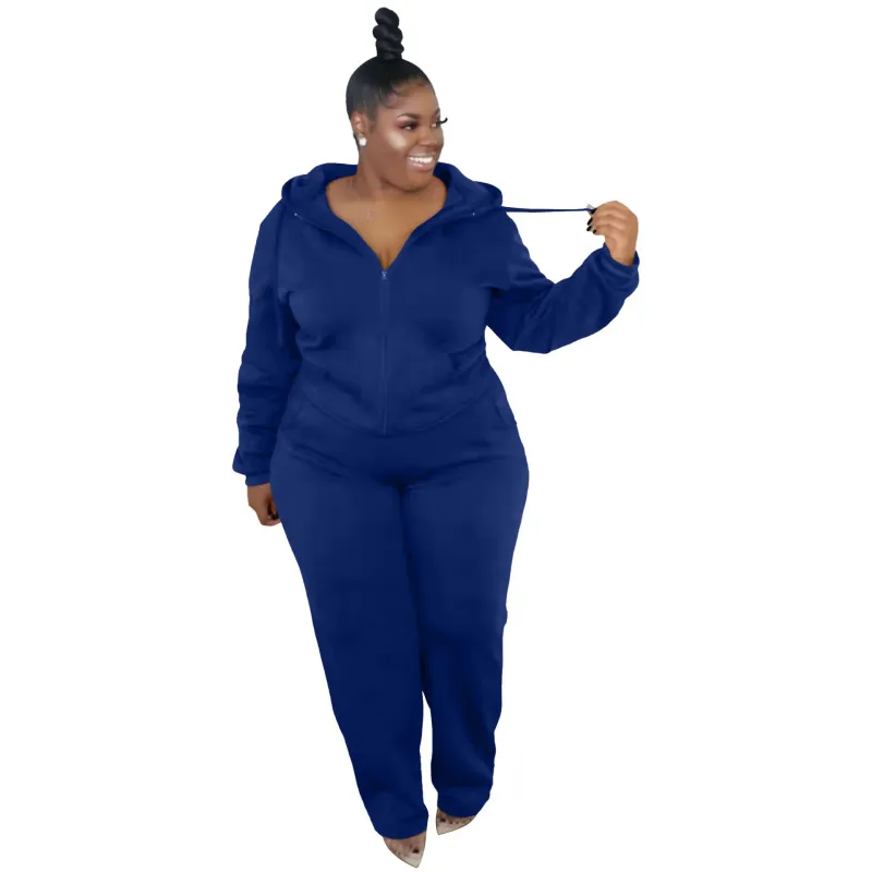 Solid Color Plus Size Zipper Long Sleeve Hooded Sweatshirt Pants Two-Piece Set