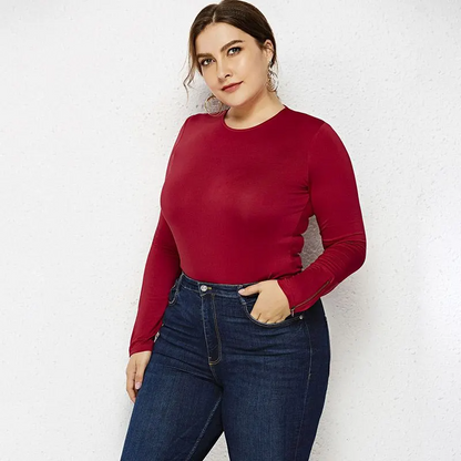 Plus-size Lady Solid Color Long-sleeve Stretchy Tight Bodysuits