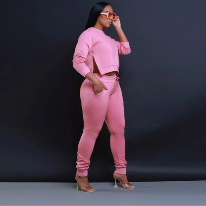 Solid Color Plus Size Split Zip Long Sleeve Top Tight Pants Two-Piece Set