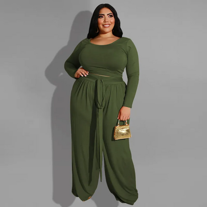 Solid Color Plus Size Long Sleeve Strap Top Wide Leg Pants Two-Piece Set