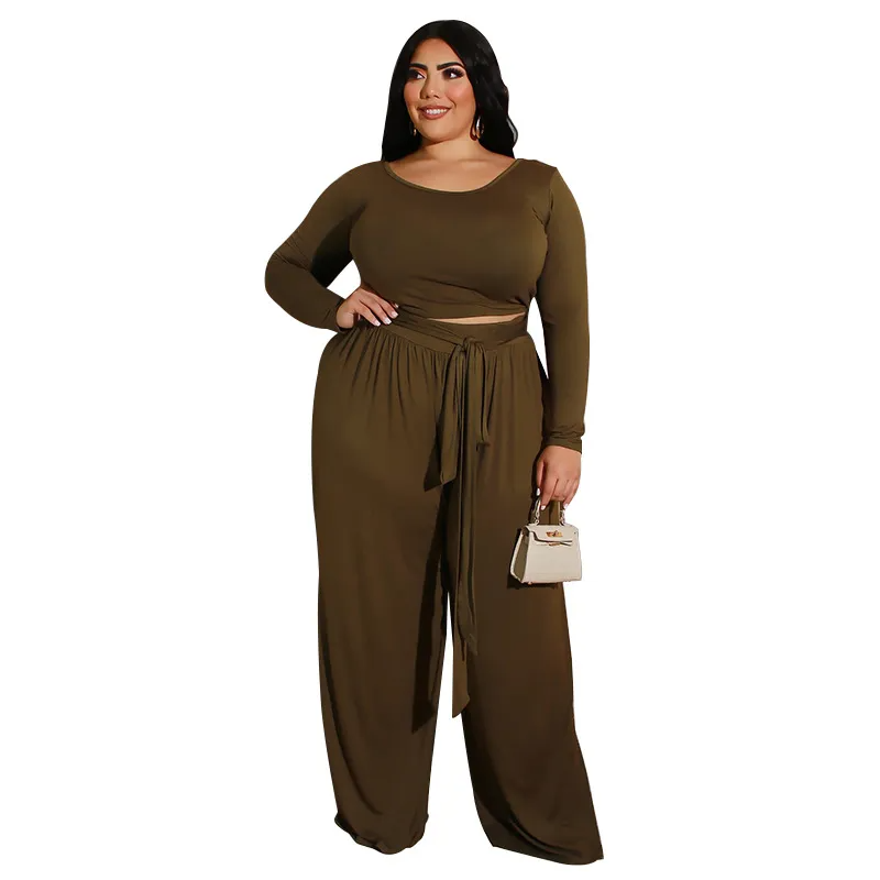 Solid Color Plus Size Long Sleeve Strap Top Wide Leg Pants Two-Piece Set