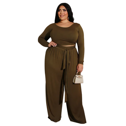 Solid Color Plus Size Long Sleeve Strap Top Wide Leg Pants Two-Piece Set