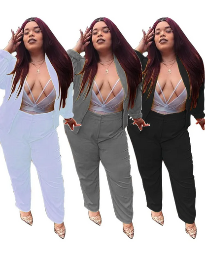 Plus Size Solid Color Long Sleeve Blazer Jacket Pants Two-Piece Set