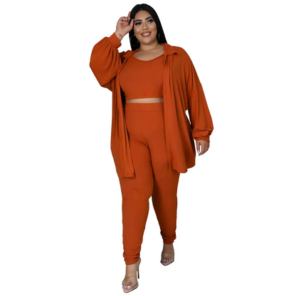 Plus Size Solid Color Sling Top Long Sleeve Jacket Tight Pants Three-Piece Set