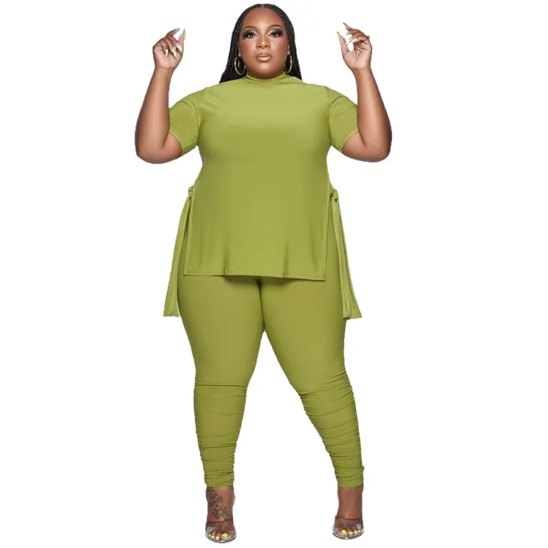 Plus Size Solid Color Round Neck Short-Sleeved Side Split Top Tight Pants Two-Piece Set