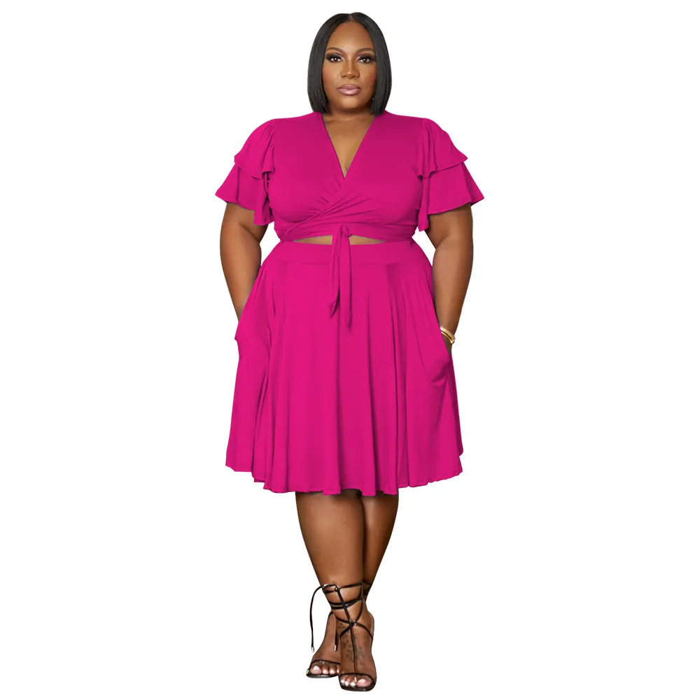 Plus Size V-Neck Lace-Up Short Sleeve Top Pocket Skirt Two-Piece Set